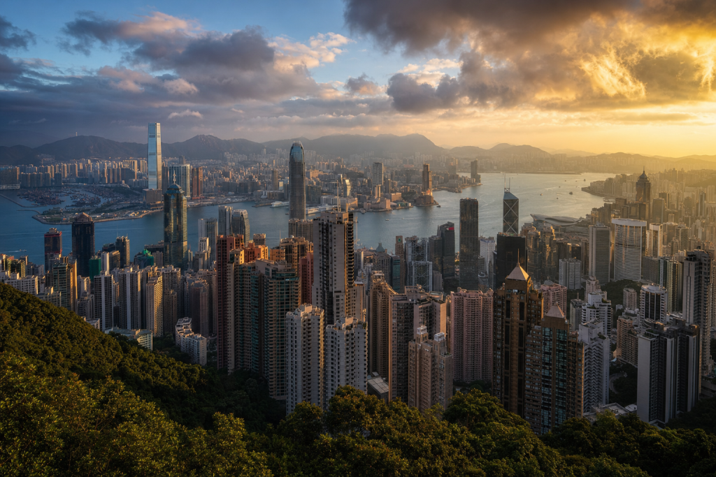 Es Best Photography Spots in Hong Kong at golden hour, iconic landmarks visible, dramatic