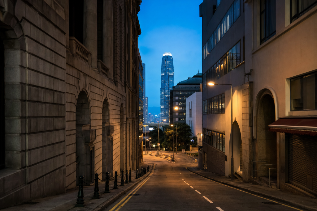 Street view in Es Best Photography Spots in Hong Kong, leading lines, architectural detail, blue hour with