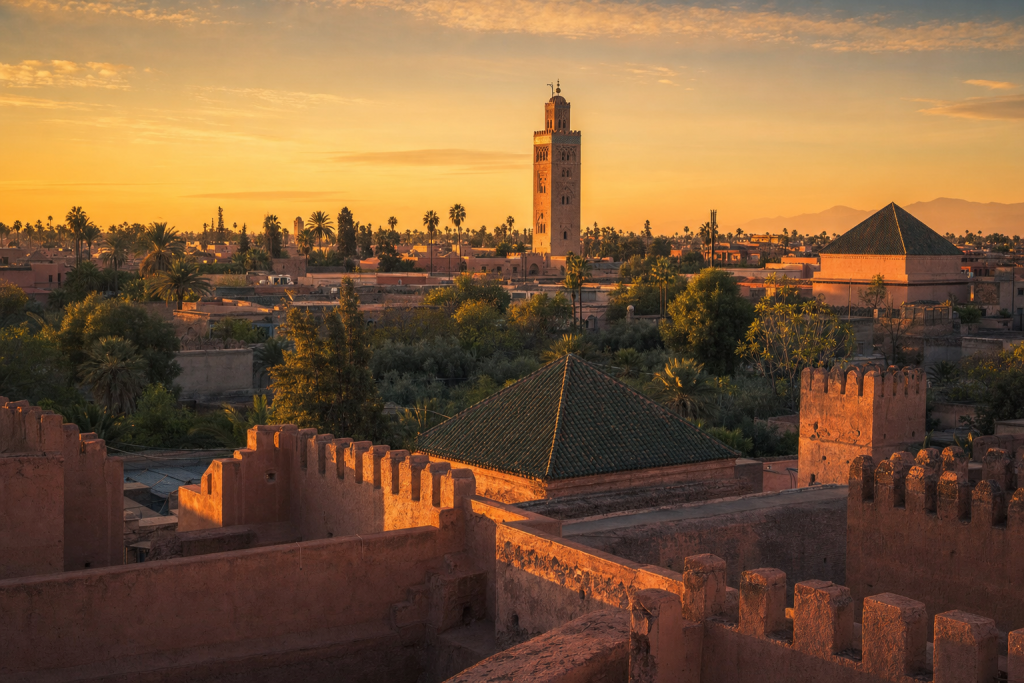 Es Best Photography Spots in Marrakech at golden hour, iconic landmarks visible, dramatic