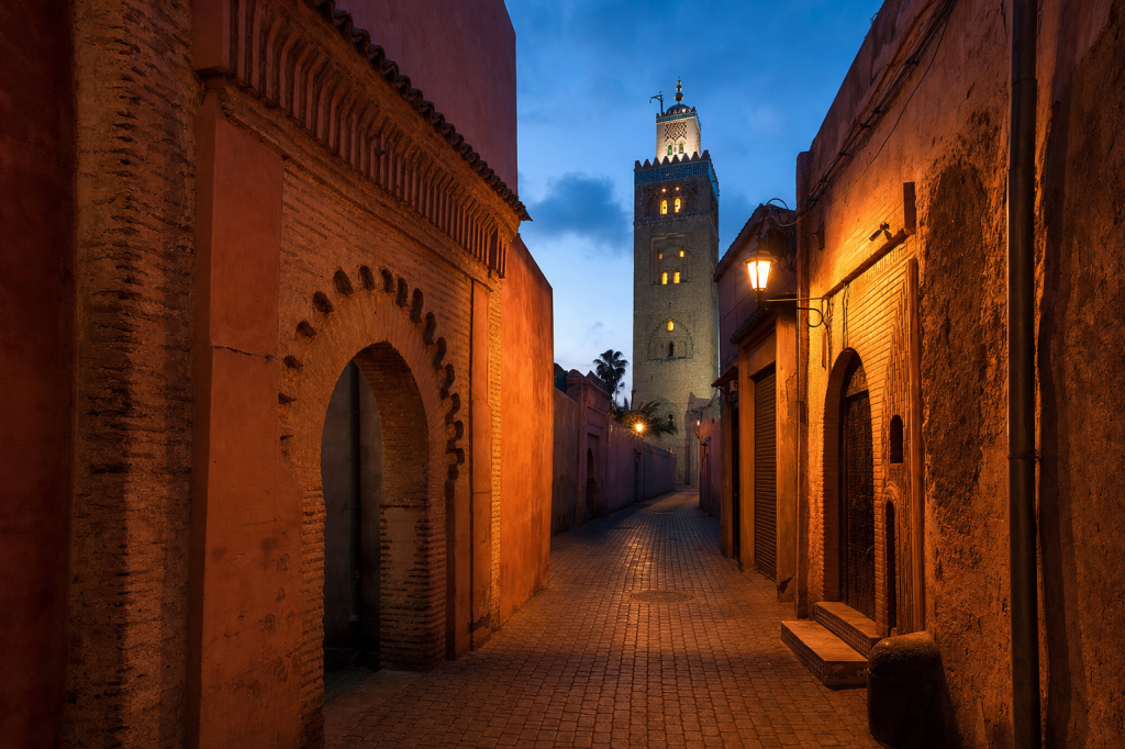Street view in Es Best Photography Spots in Marrakech, leading lines, architectural detail, blue hour with