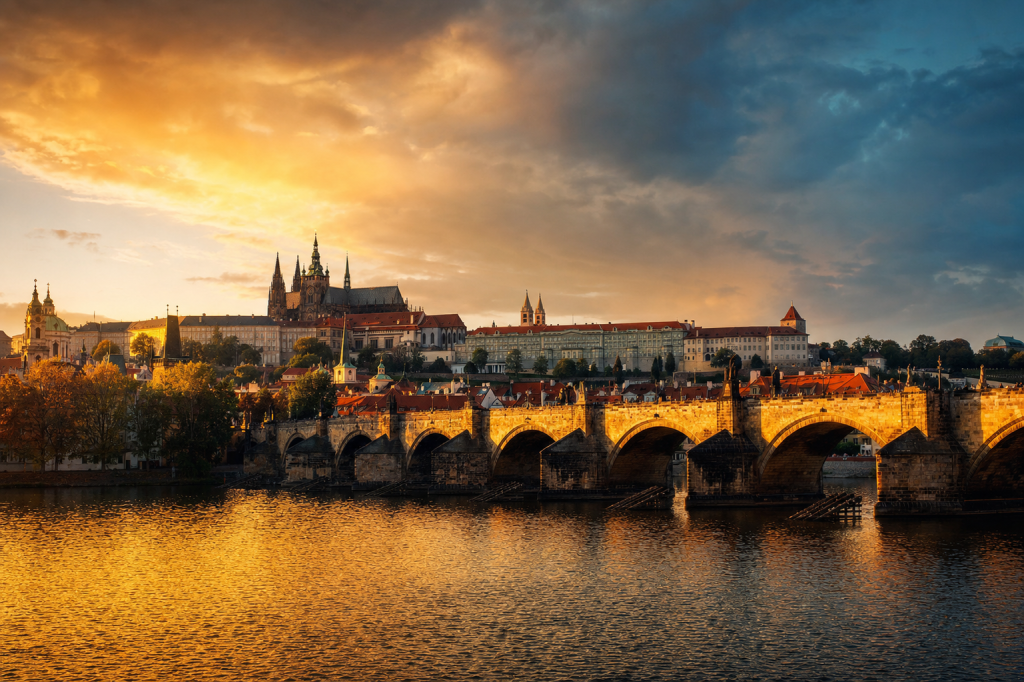 Es Best Photography Spots in Prague at golden hour, iconic landmarks visible, dramatic warm
