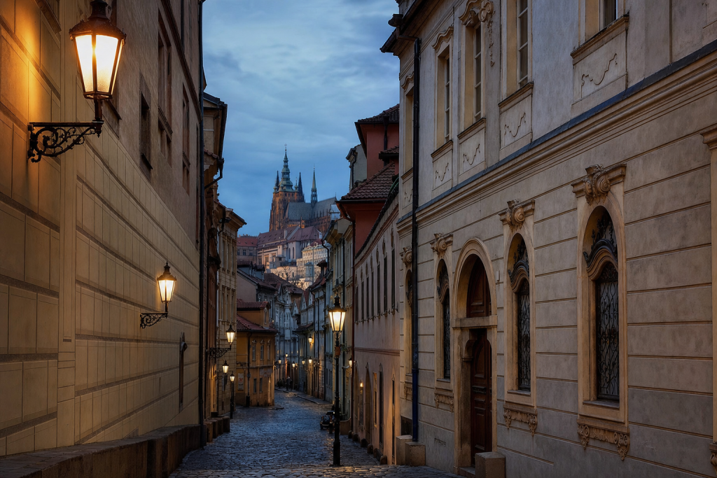 Street view in Es Best Photography Spots in Prague, leading lines, architectural detail, blue hour with mixed