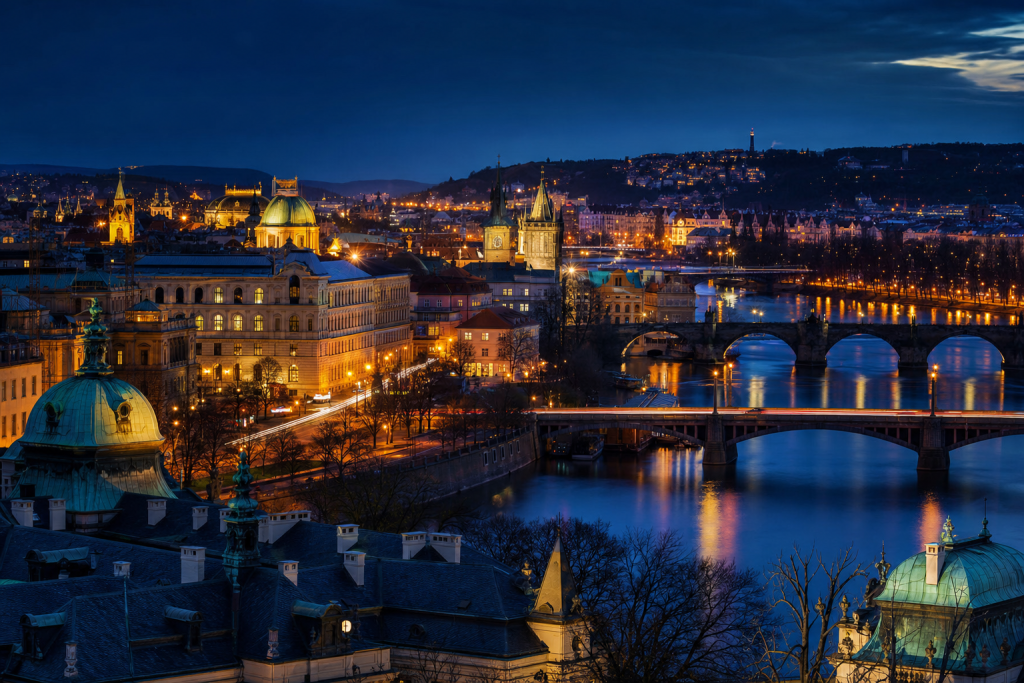 High-vantage view of Es Best Photography Spots in Prague during blue hour, glowing city lights, subtle motion