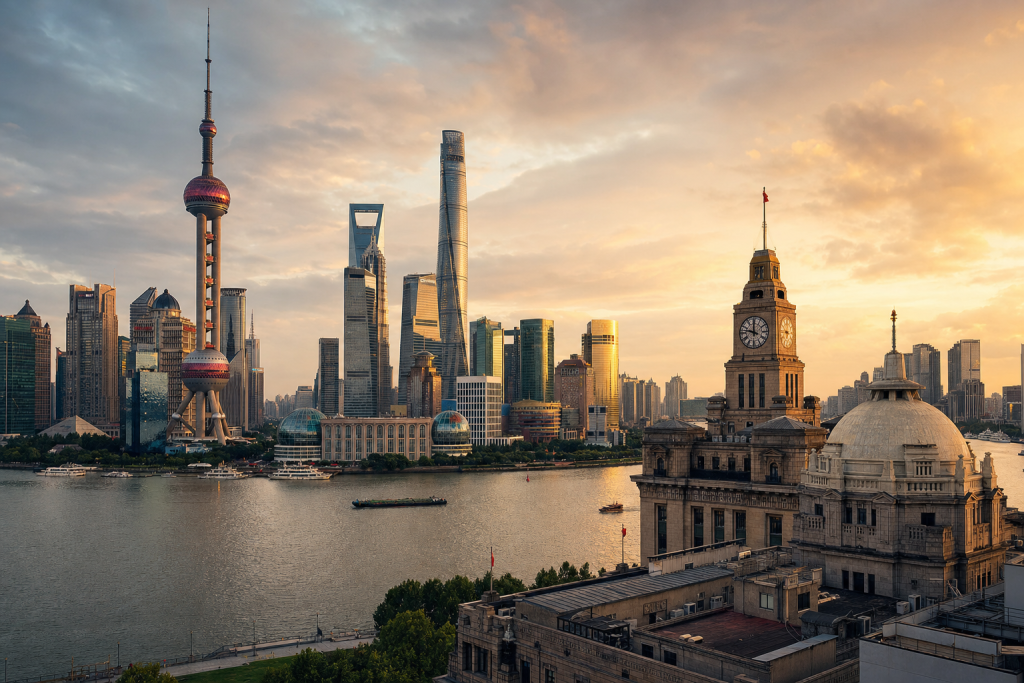 Es Best Photography Spots in Shanghai at golden hour, iconic landmarks visible, dramatic
