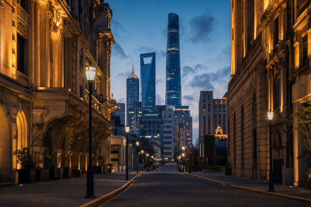 Street view in Es Best Photography Spots in Shanghai, leading lines, architectural detail, blue hour with mixed