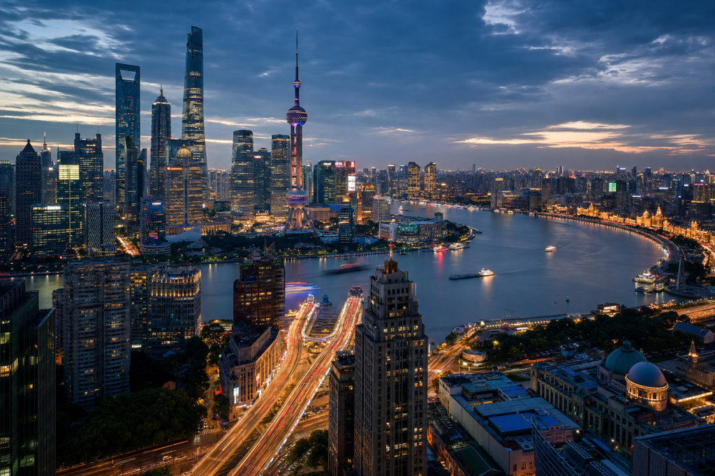 High-vantage view of Es Best Photography Spots in Shanghai during blue hour, glowing city lights, subtle motion