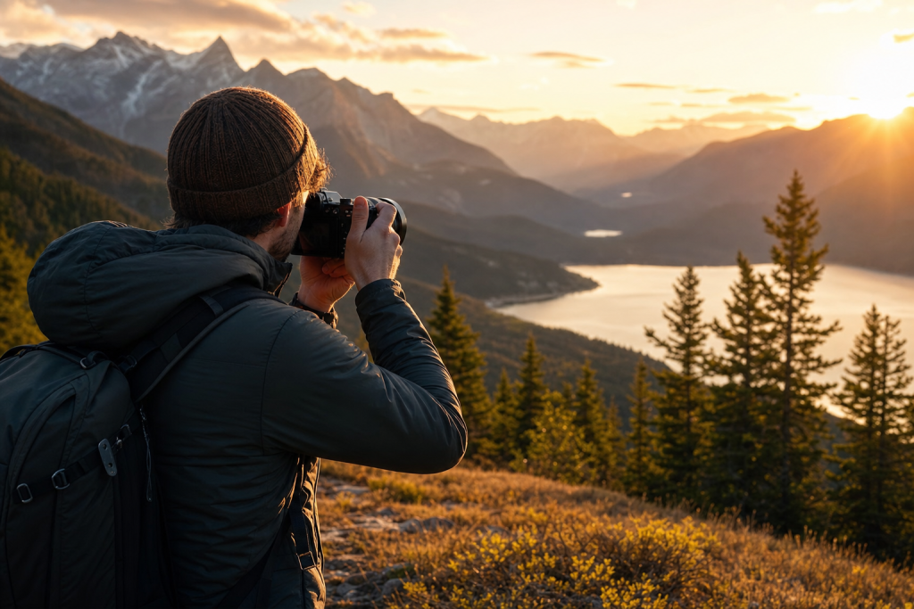 Photographer in action holding a camera at golden hour, environmental context, natural light