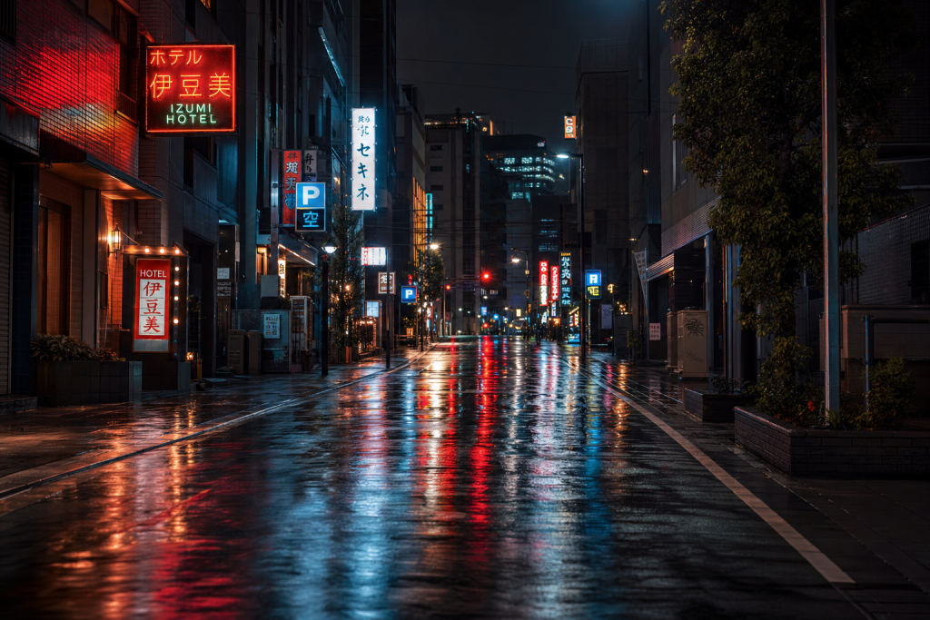 Night street scene with neon reflections on wet pavement, atmospheric mood