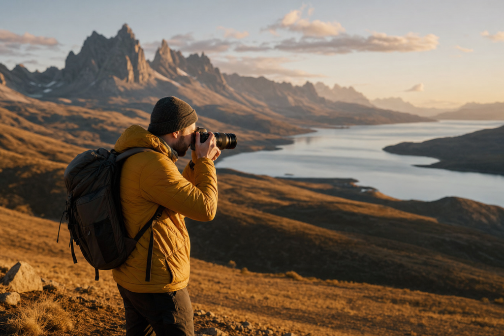 Photographer in action holding a camera at golden hour, environmental context, natural light