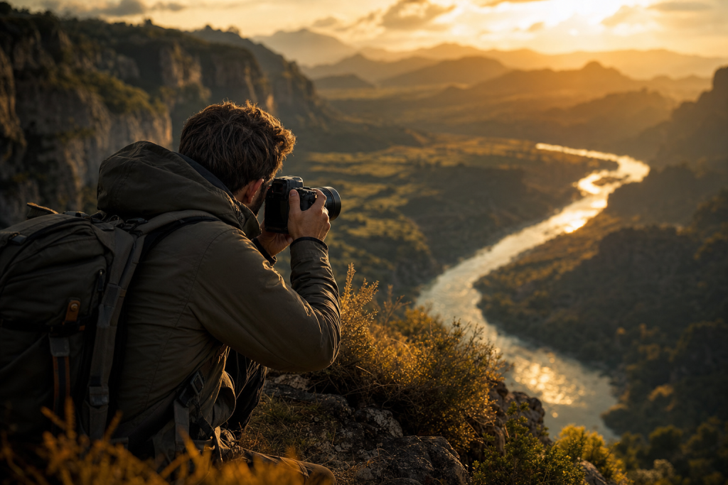 Photographer in action holding a camera at golden hour, environmental context, natural light