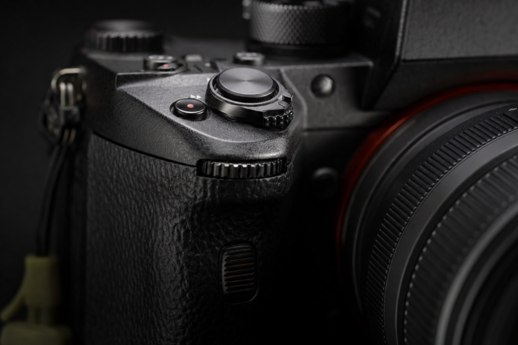 Detail shot of camera controls and grip, dramatic side lighting, macro feel, no text
