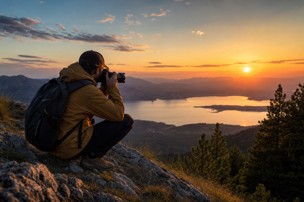 Photographer in action holding a camera at golden hour, environmental context, natural light