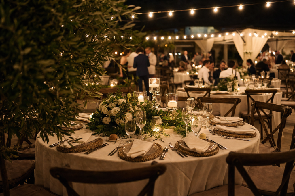 Candid wedding reception moment, warm string lights, joyful expressions, natural editorial color
