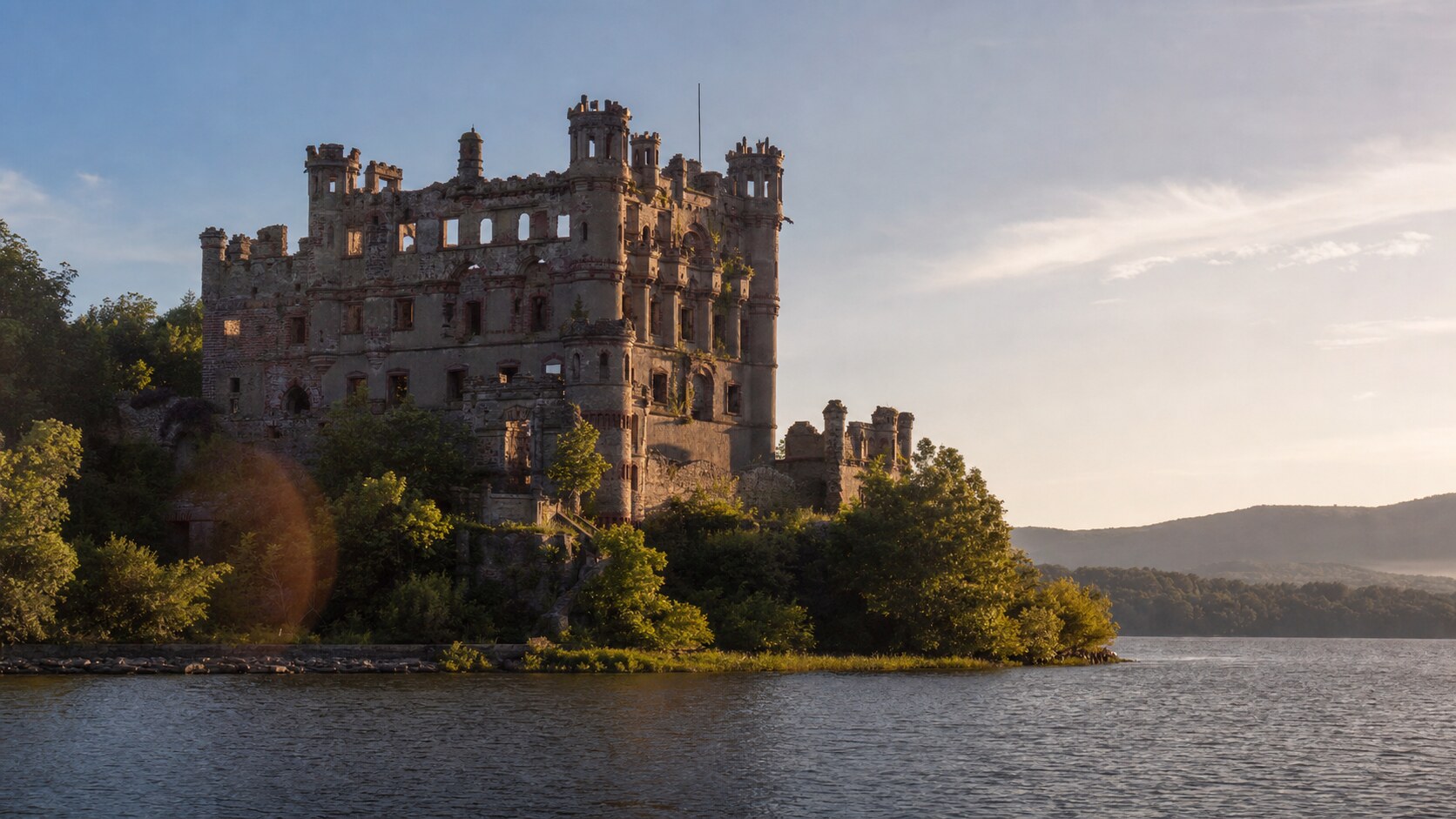 Bannerman Castle photographed at golden hour from the most popular hero-shot vantage point, with dramatic side-lighting on the structure