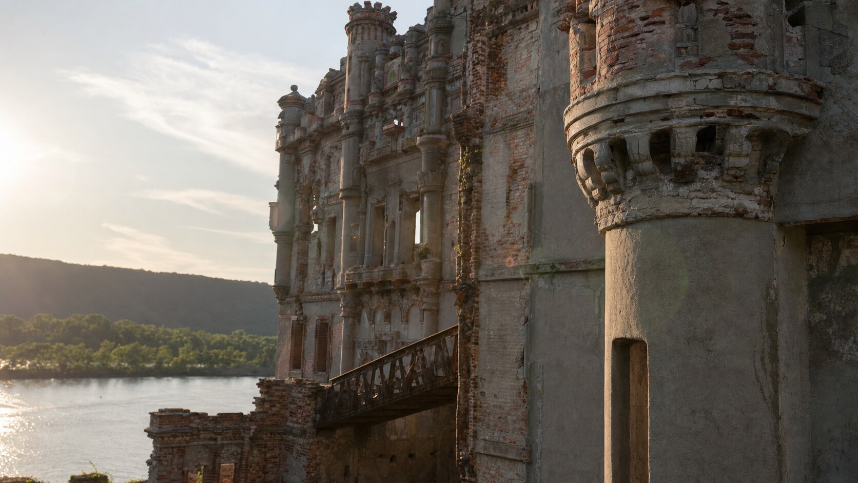 Close-up architectural detail of Bannerman Castle at late afternoon, showing surface texture and material under directional sun