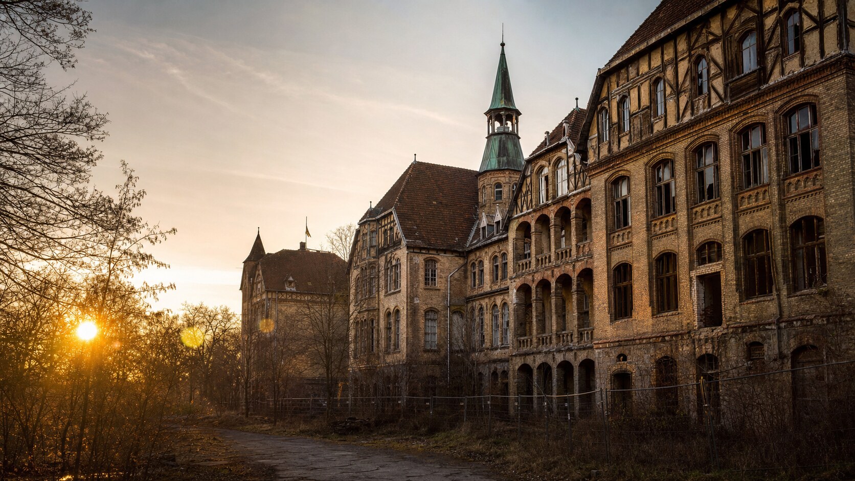 Beelitz Heilstatten photographed at golden hour from the most popular hero-shot vantage point, with dramatic side-lighting on the structure