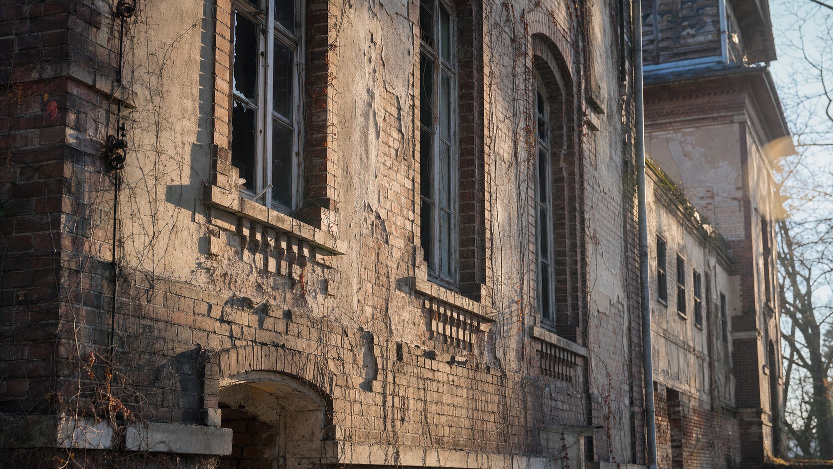 Close-up architectural detail of Beelitz Heilstatten at late afternoon, showing surface texture and material under directional sun