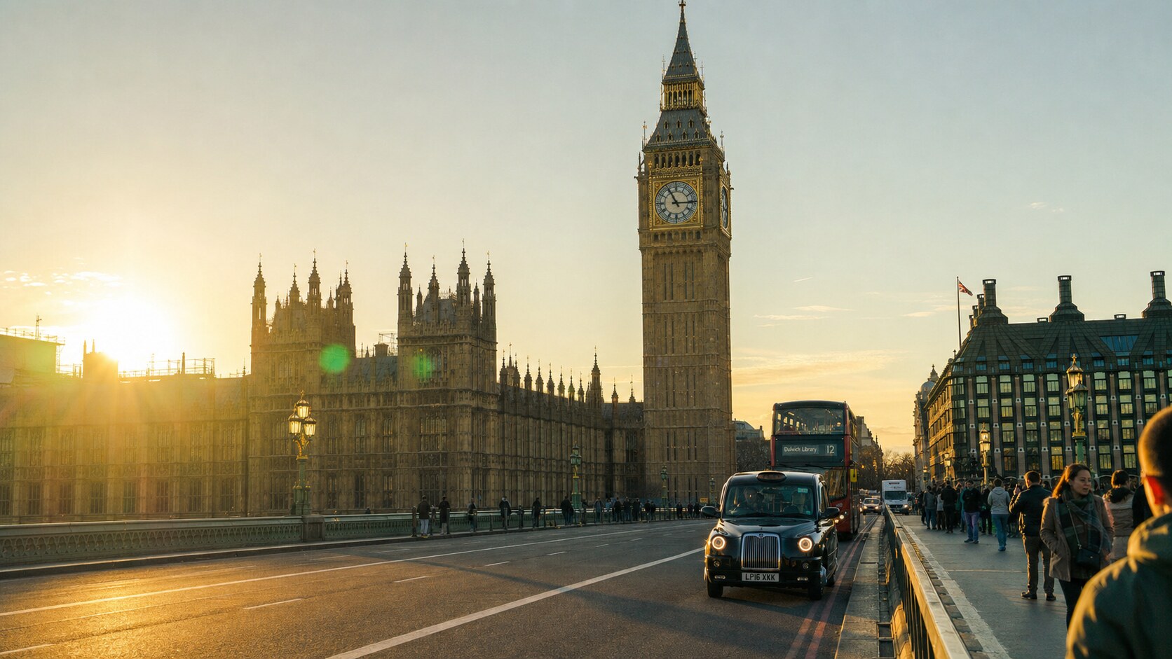 Big Ben London photographed at golden hour from the most popular hero-shot vantage point, with dramatic side-lighting on the structure