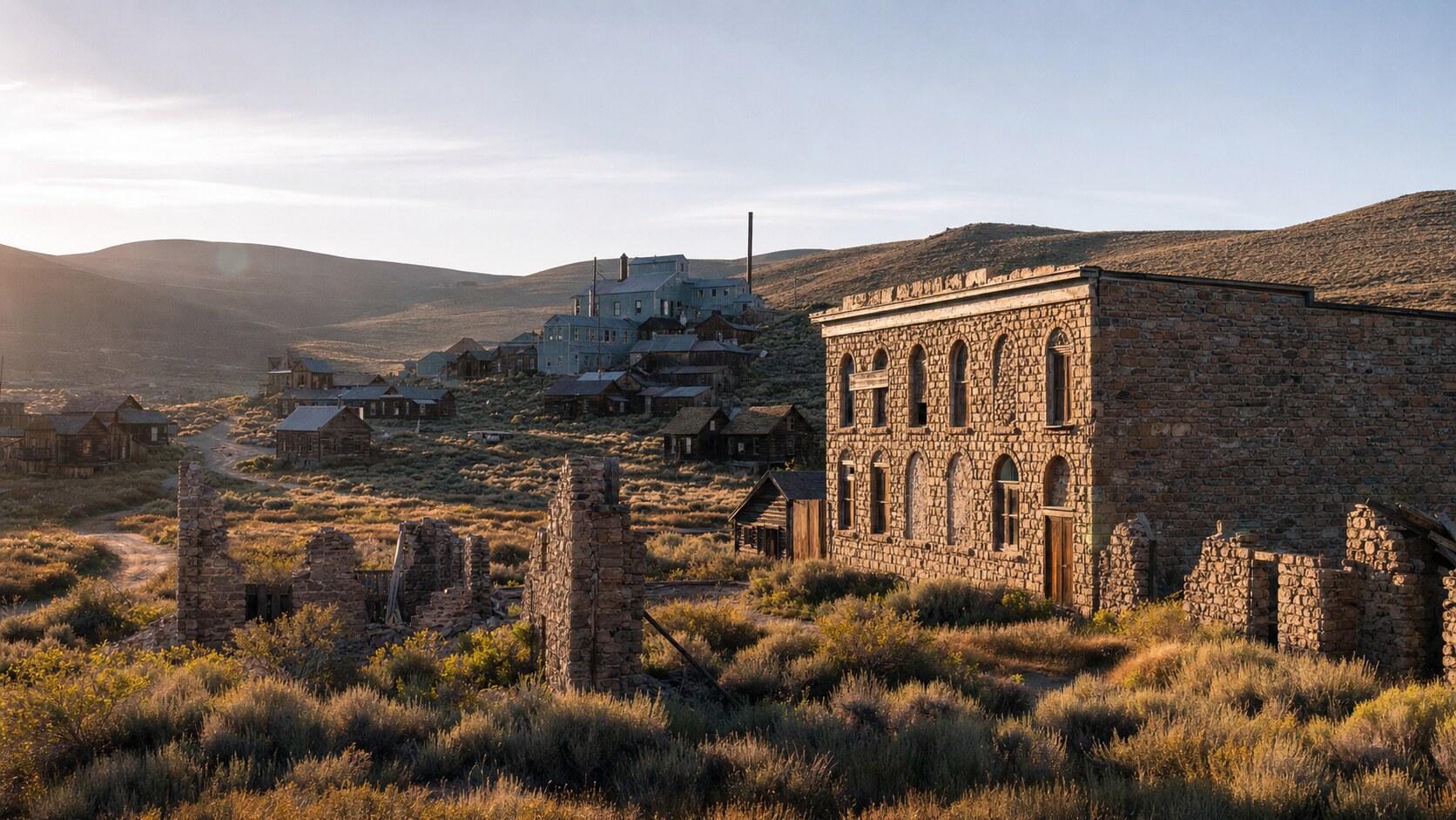 Bodie State Historic Park photographed at golden hour from the most popular hero-shot vantage point, with dramatic side-lighting on the structure