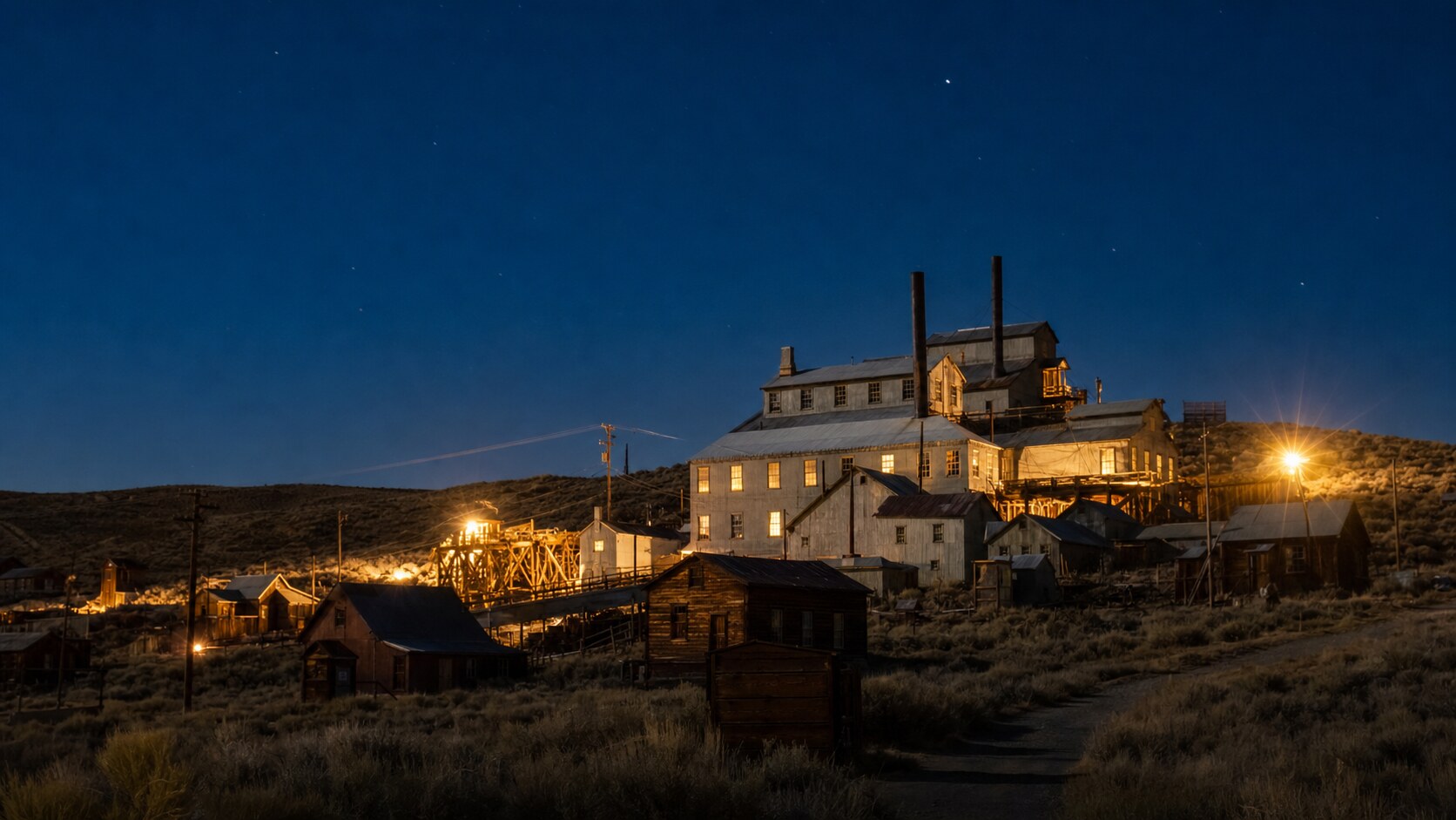 Wide blue-hour view of Bodie State Historic Park with cobalt sky and warm artificial lighting on the landmark