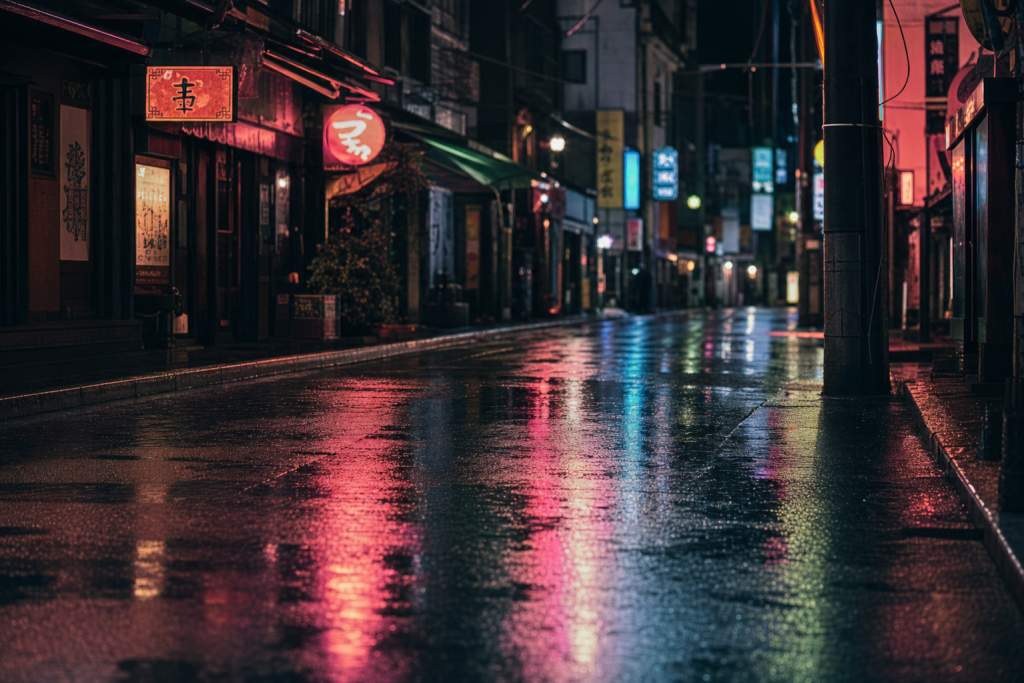 Night street scene with neon reflections on wet pavement, atmospheric mood