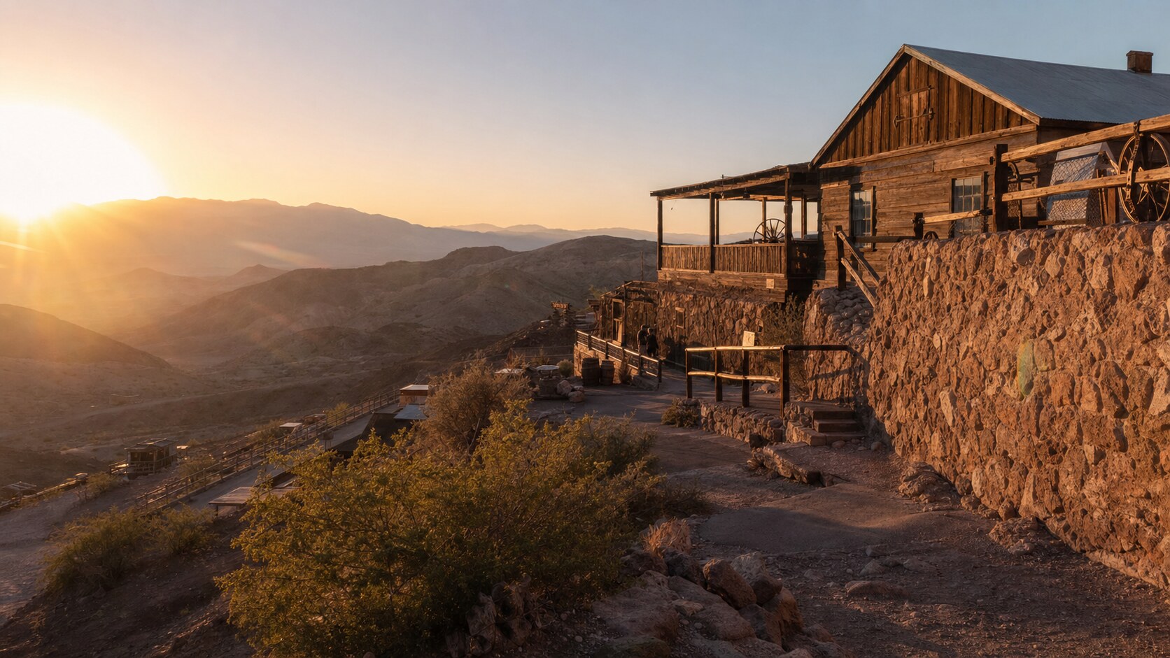 Calico Ghost Town photographed at golden hour from the most popular hero-shot vantage point, with dramatic side-lighting on the structure