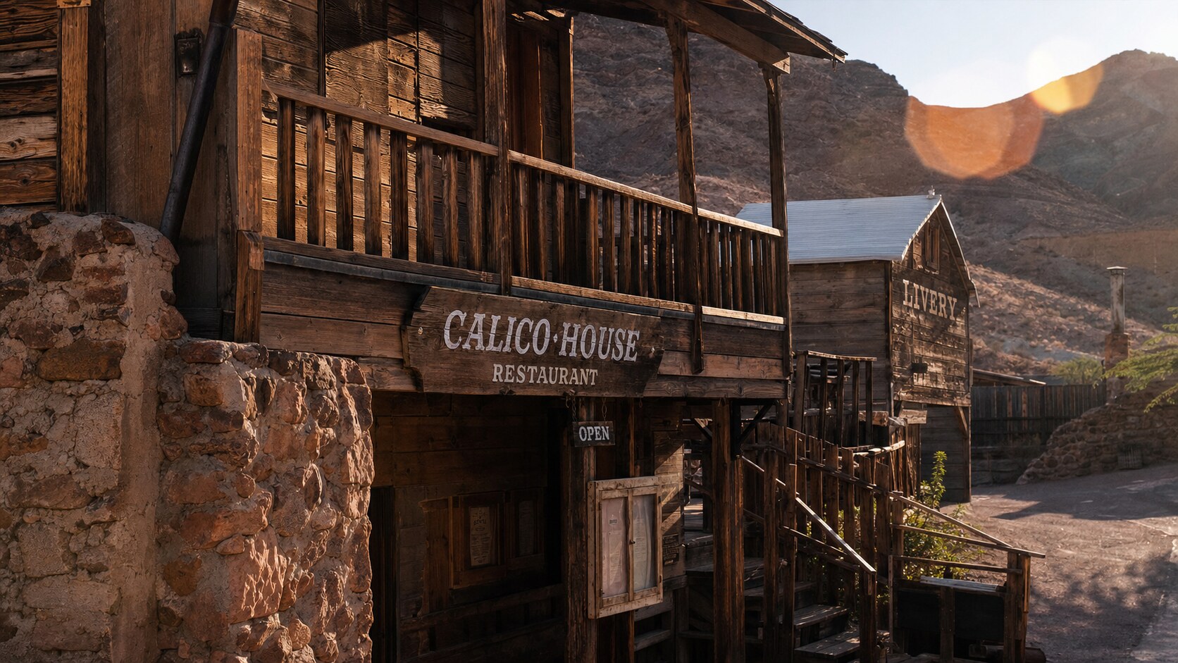 Close-up architectural detail of Calico Ghost Town at late afternoon, showing surface texture and material under directional sun