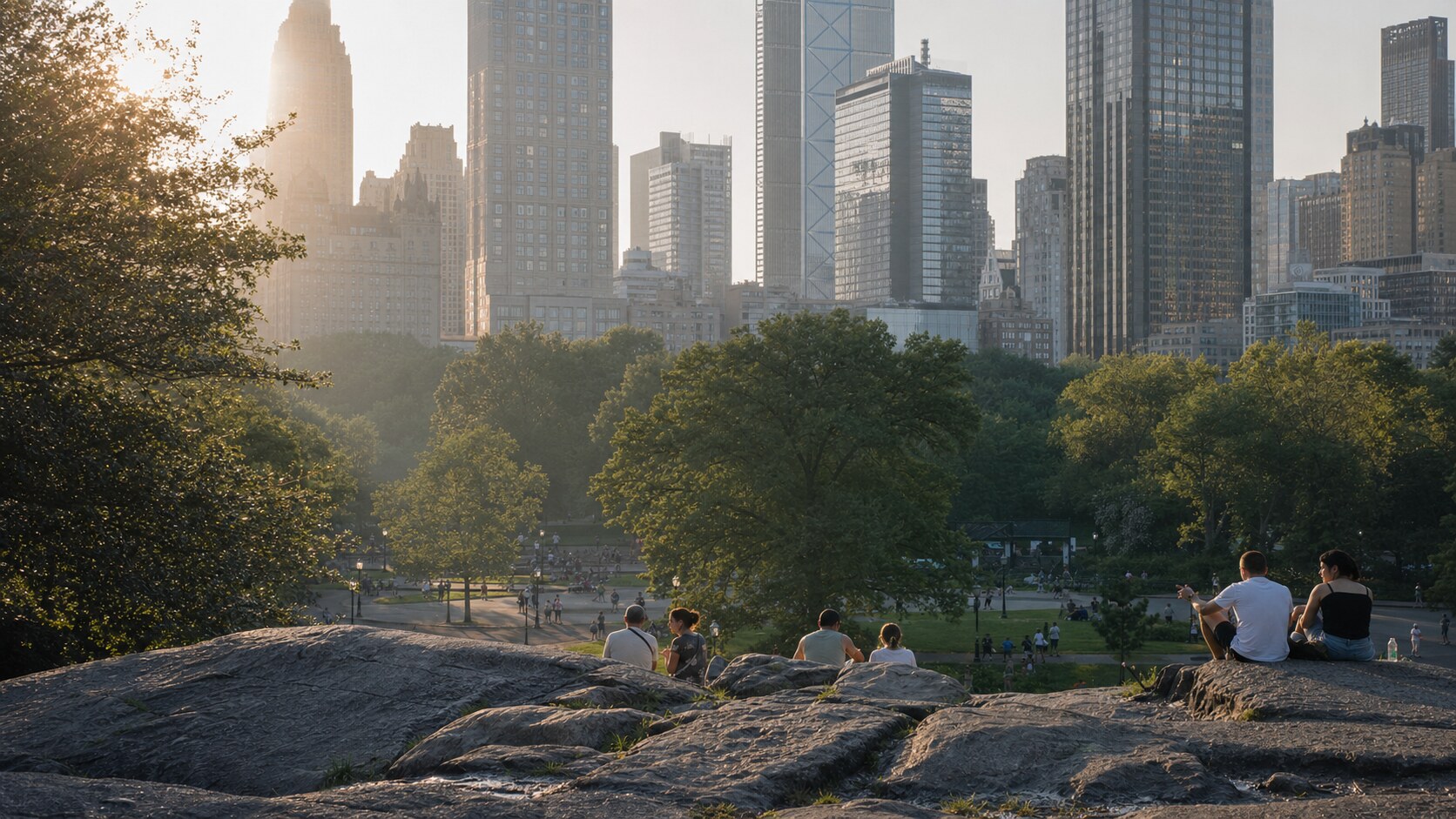Close-up architectural detail of Central Park at late afternoon, showing surface texture and material under directional sun