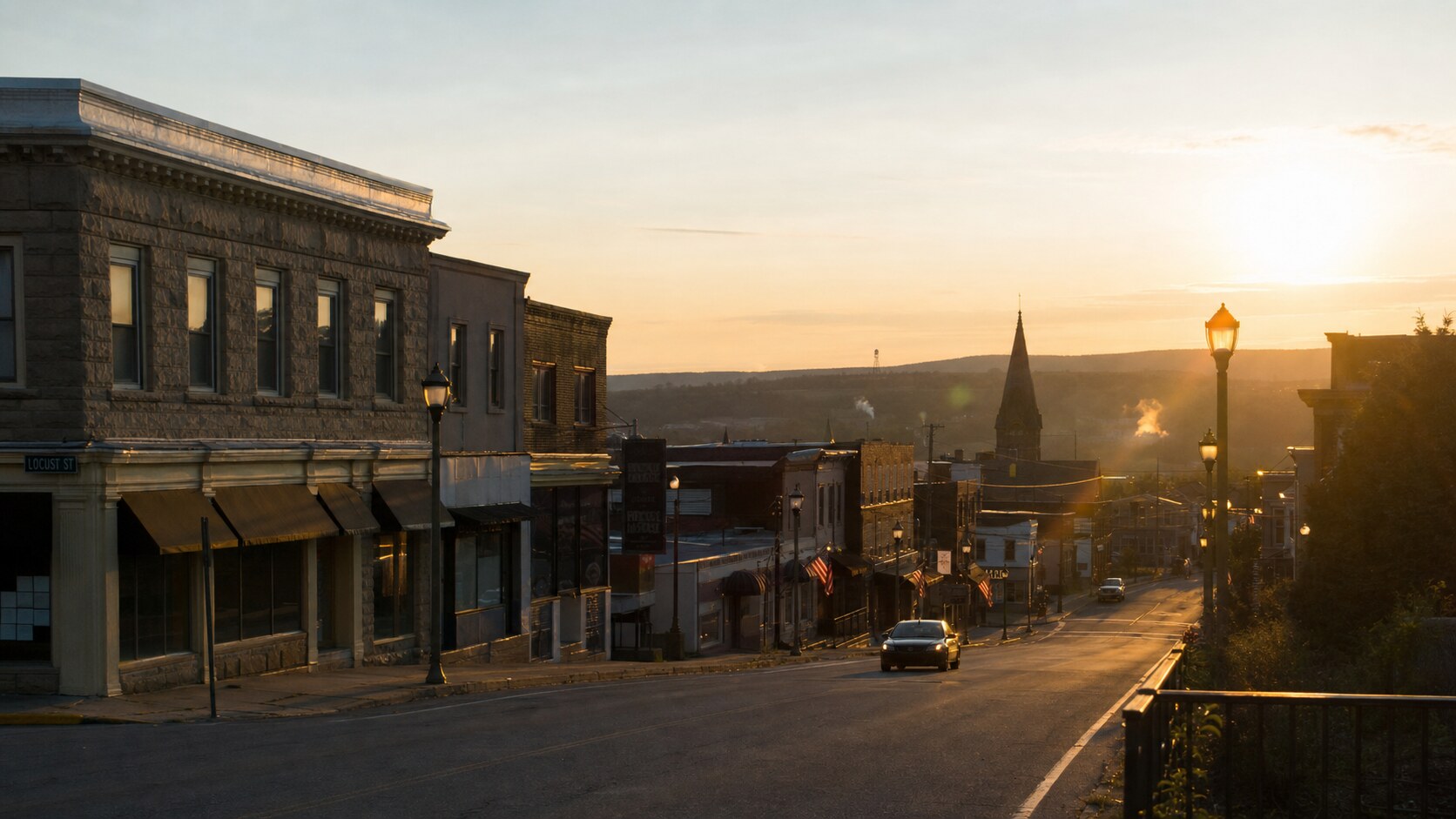 Centralia Pennsylvania photographed at golden hour from the most popular hero-shot vantage point, with dramatic side-lighting on the structure