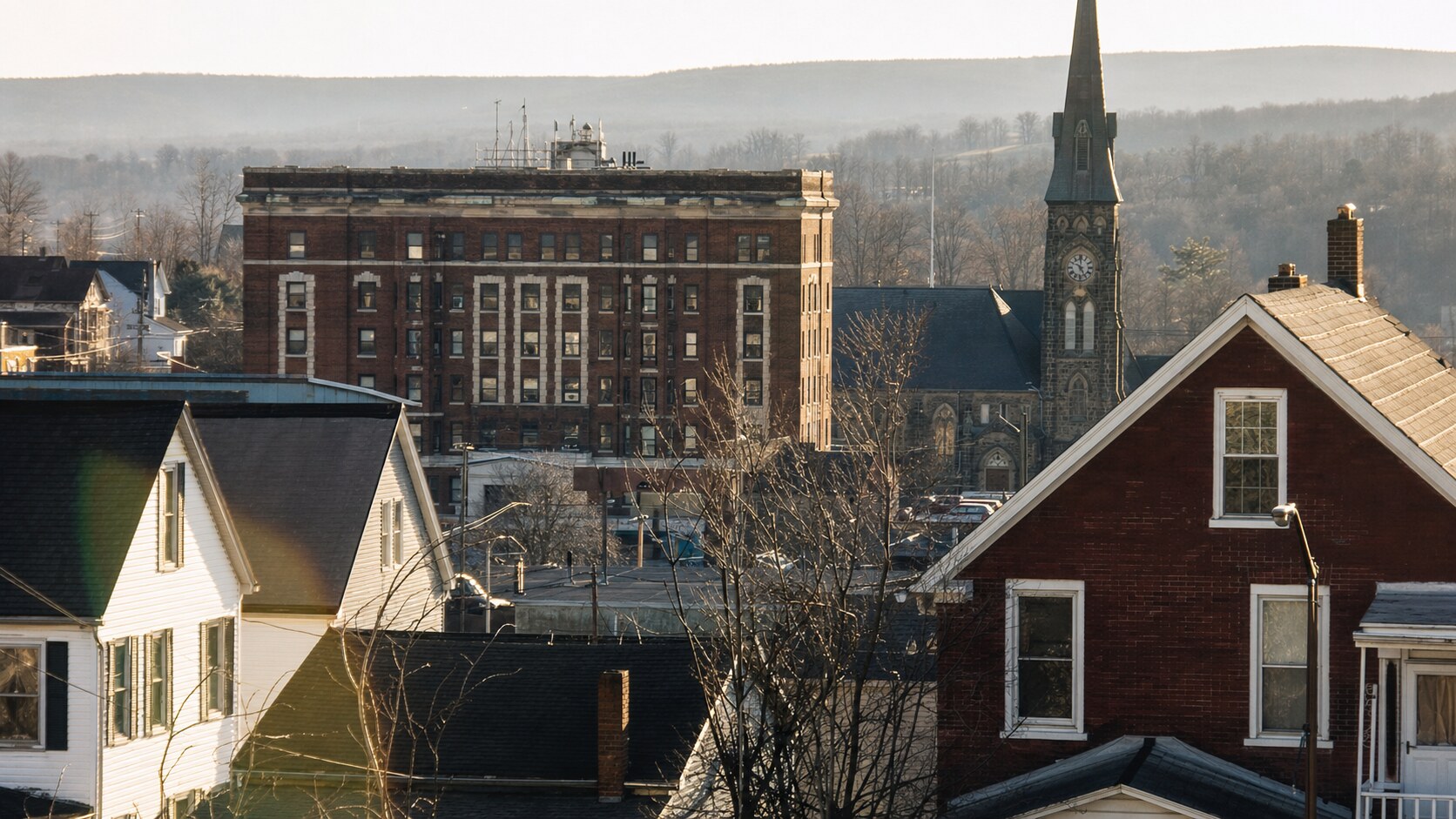Close-up architectural detail of Centralia Pennsylvania at late afternoon, showing surface texture and material under directional sun