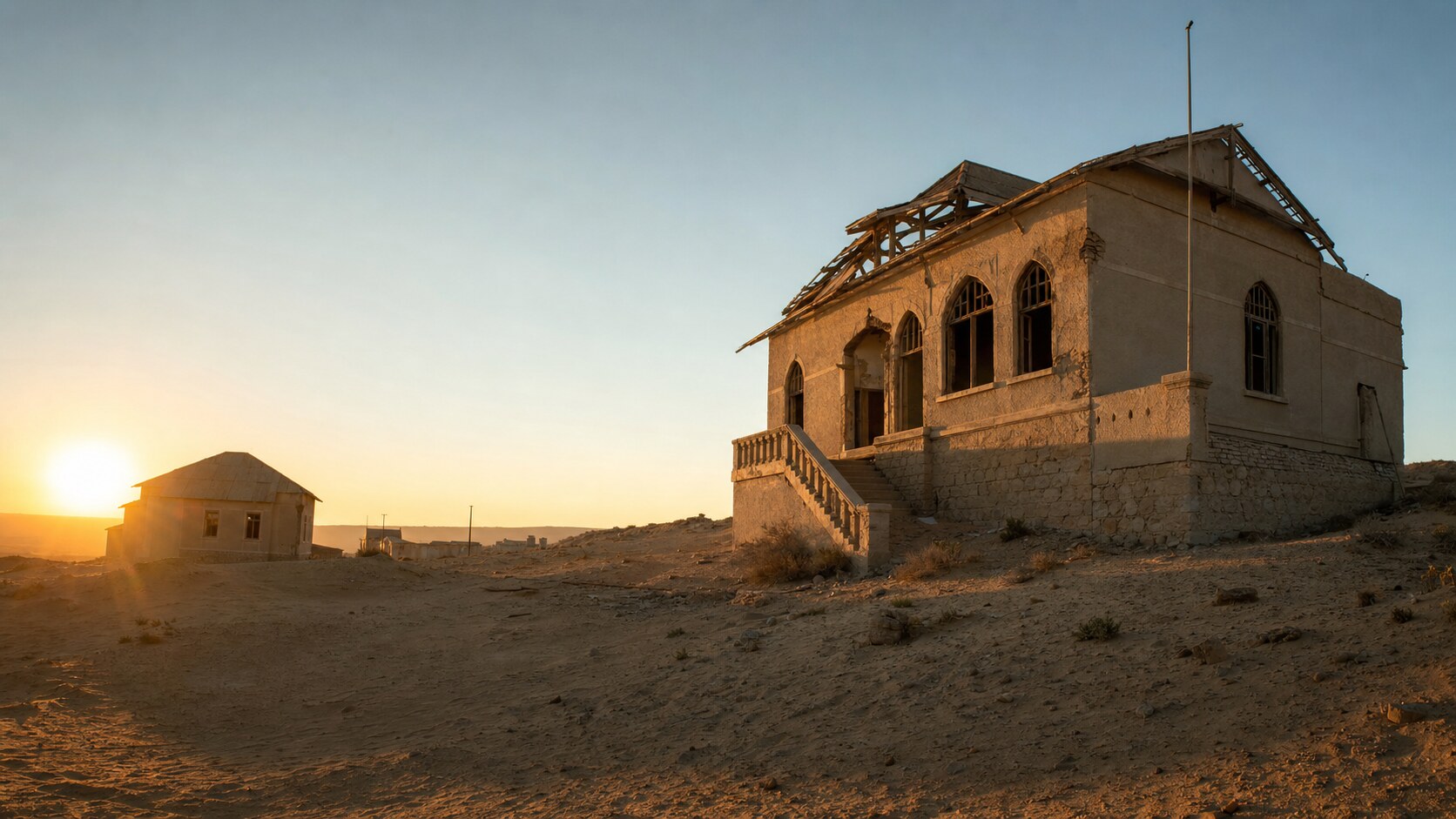 Kolmanskop photographed at golden hour from the most popular hero-shot vantage point, with dramatic side-lighting on the structure