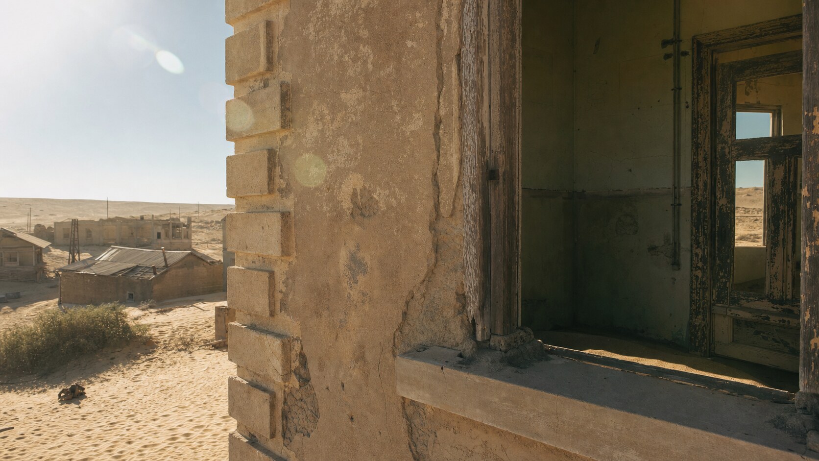 Close-up architectural detail of Kolmanskop at late afternoon, showing surface texture and material under directional sun