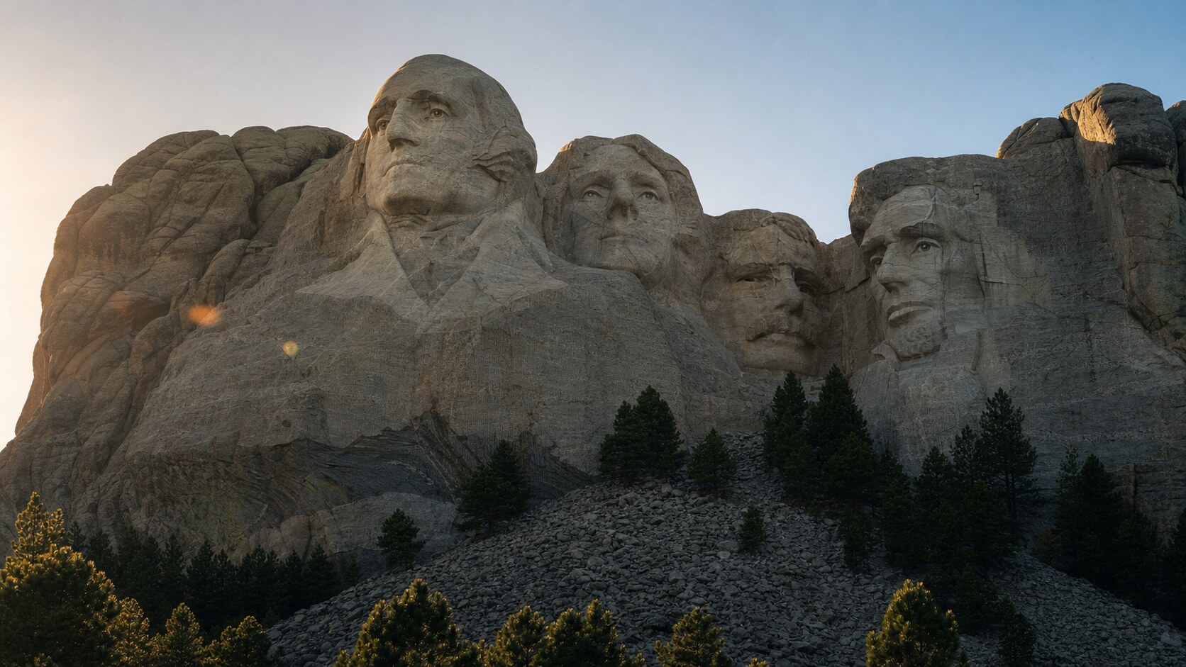 Mount Rushmore photographed at golden hour from the most popular hero-shot vantage point, with dramatic side-lighting on the structure