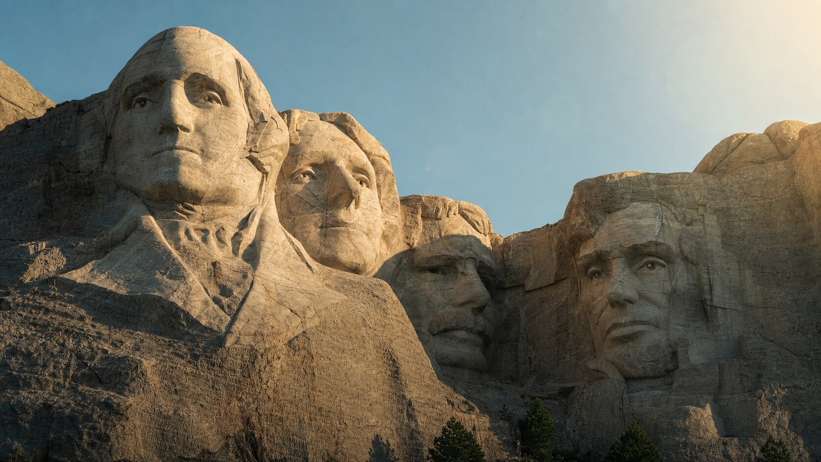 Close-up architectural detail of Mount Rushmore at late afternoon, showing surface texture and material under directional sun