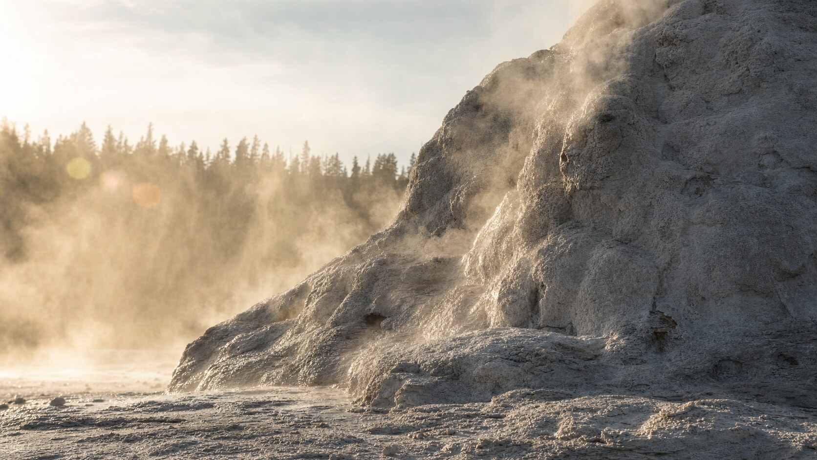 Close-up architectural detail of Old Faithful at late afternoon, showing surface texture and material under directional sun