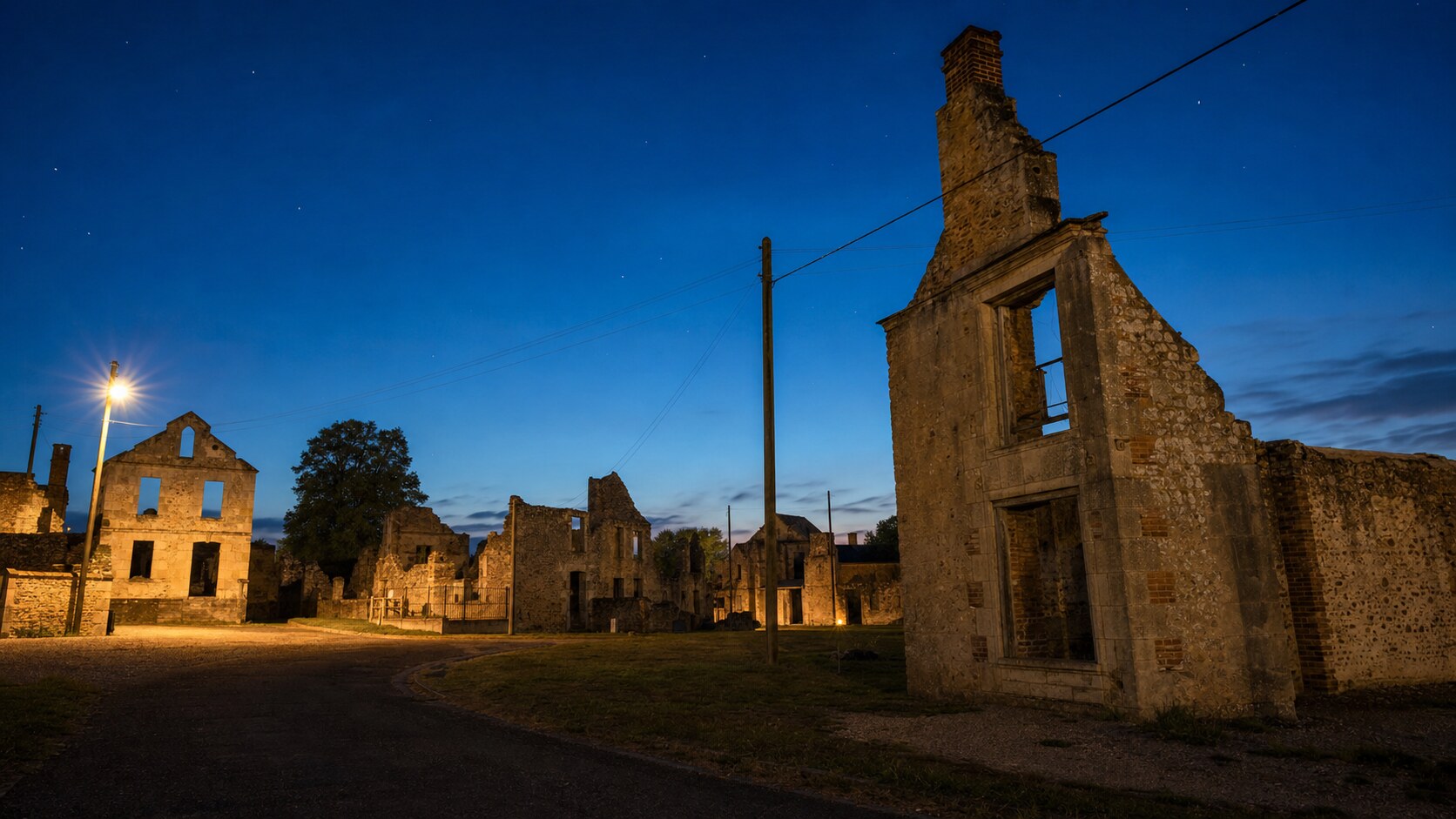 Wide blue-hour view of Oradour Sur Glane with cobalt sky and warm artificial lighting on the landmark
