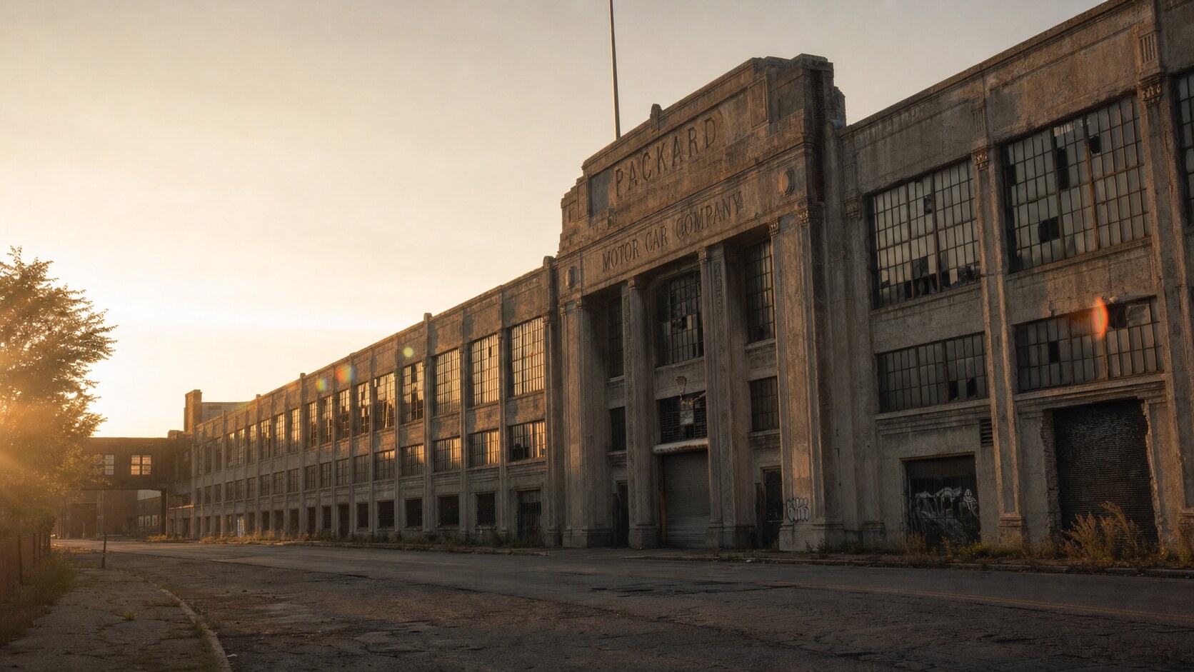 Packard Automotive Plant photographed at golden hour from the most popular hero-shot vantage point, with dramatic side-lighting on the structure