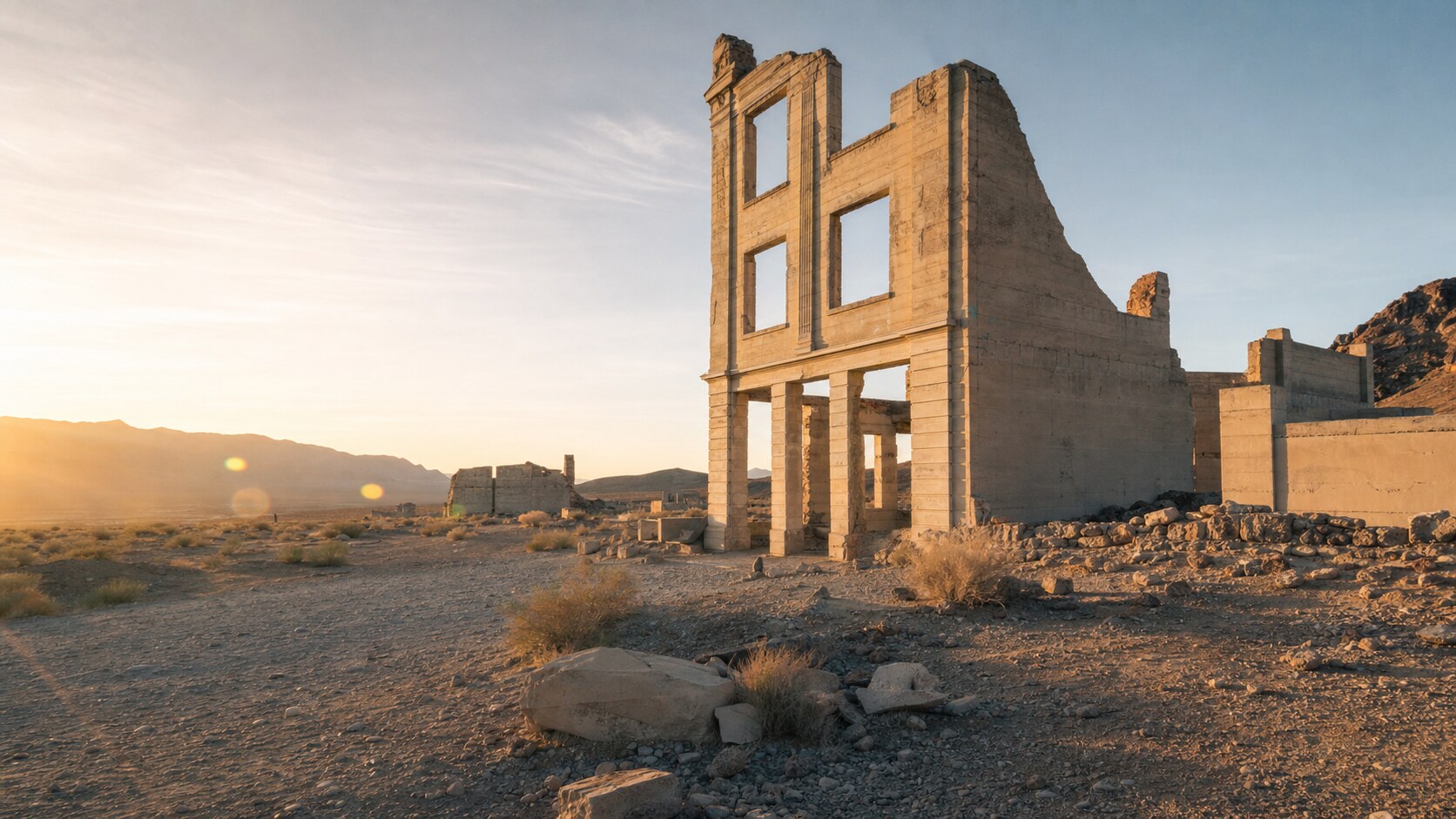 Rhyolite Nevada photographed at golden hour from the most popular hero-shot vantage point, with dramatic side-lighting on the structure