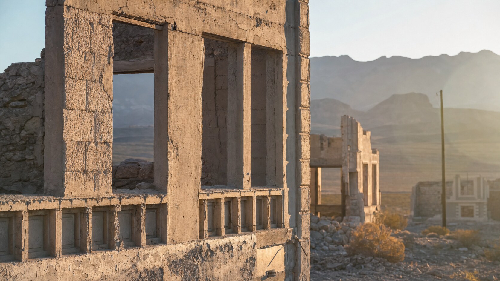 Close-up architectural detail of Rhyolite Nevada at late afternoon, showing surface texture and material under directional sun