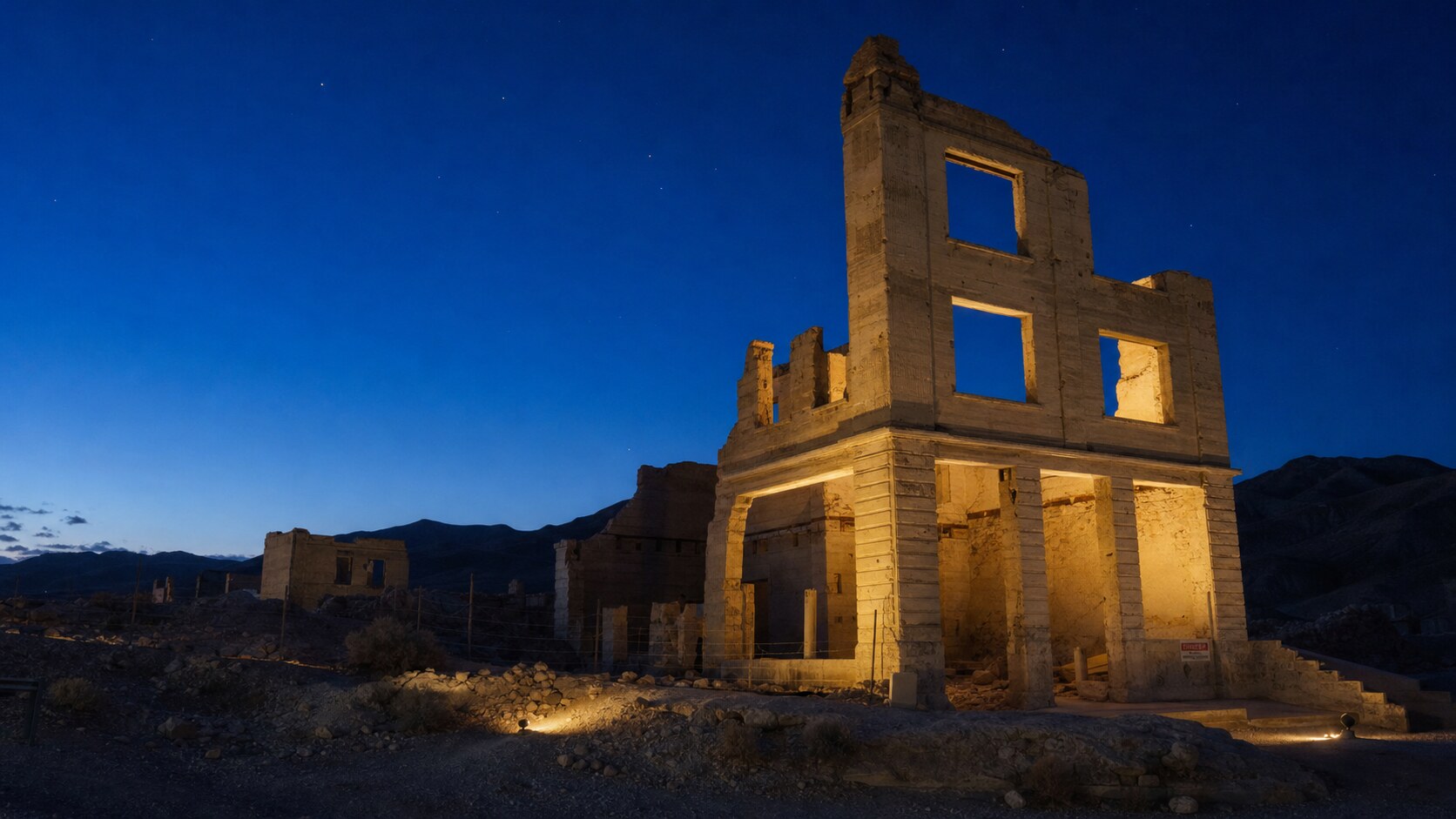 Wide blue-hour view of Rhyolite Nevada with cobalt sky and warm artificial lighting on the landmark