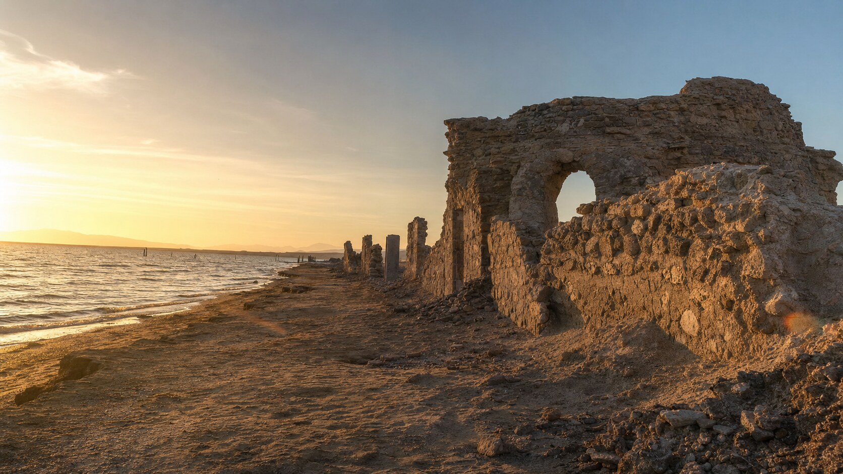 Salton Sea Bombay Beach photographed at golden hour from the most popular hero-shot vantage point, with dramatic side-lighting on the structure