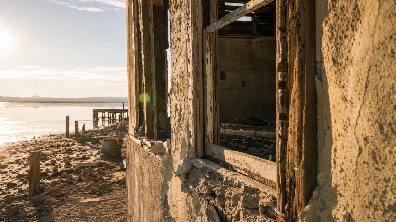 Close-up architectural detail of Salton Sea Bombay Beach at late afternoon, showing surface texture and material under directional sun