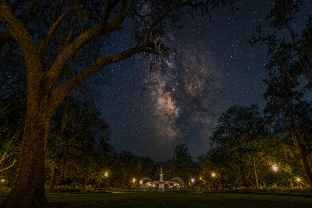 Astrophotography-style night sky over Savannah Forsyth Park, Milky Way visible, foreground rock or tree silhouette
