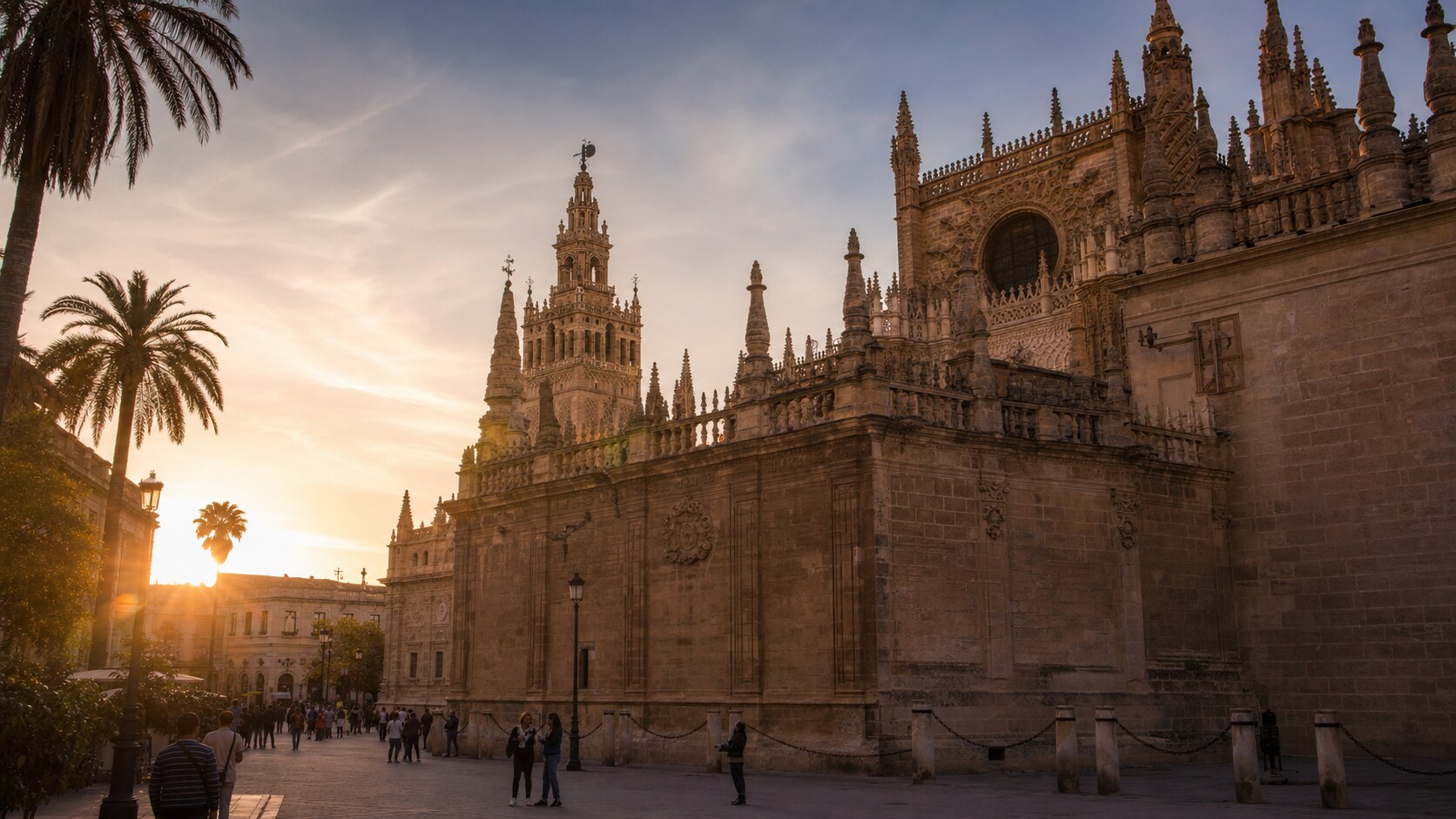 Seville Cathedral photographed at golden hour from the most popular hero-shot vantage point, with dramatic side-lighting on the structure