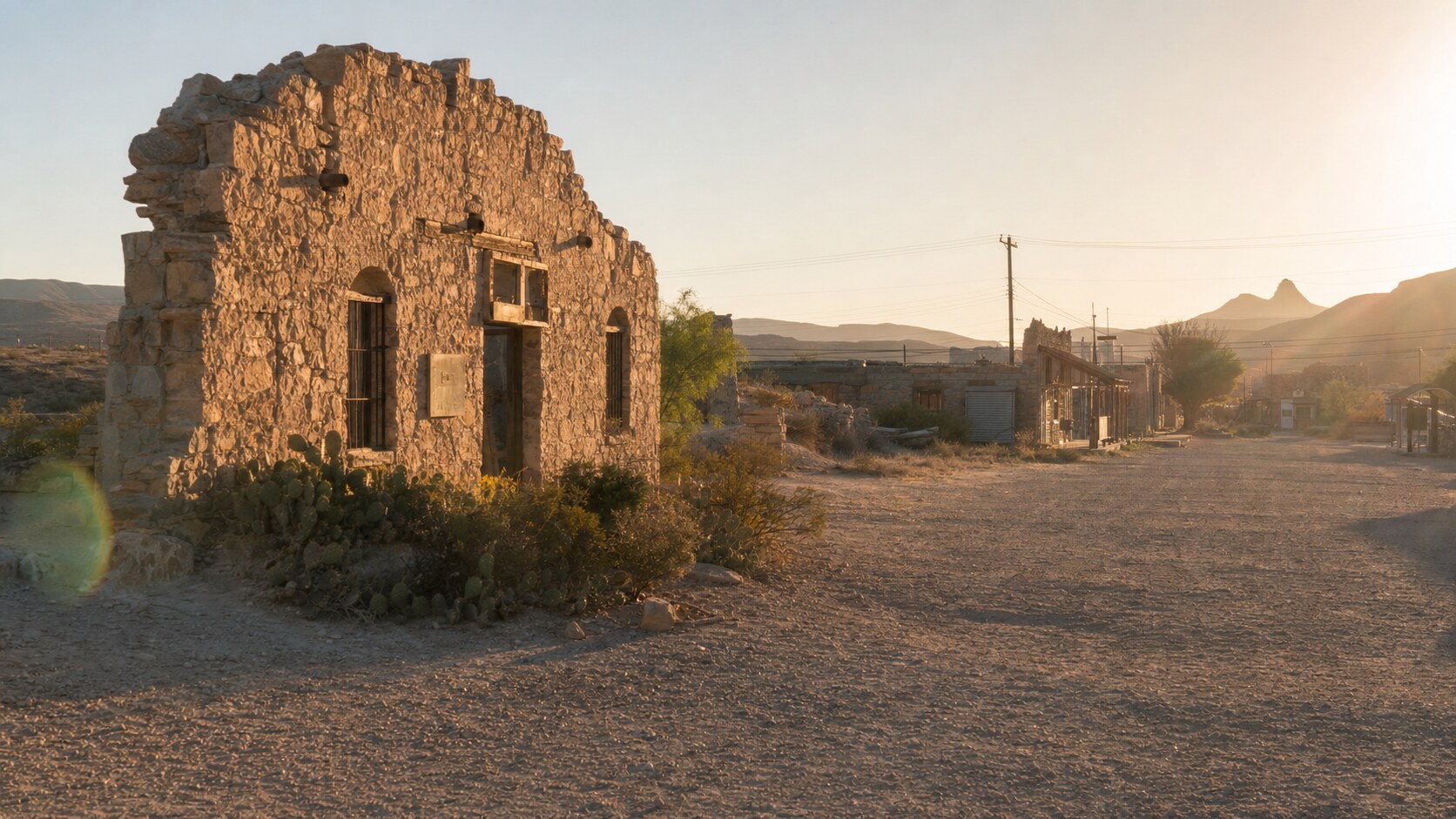 Terlingua Ghost Town photographed at golden hour from the most popular hero-shot vantage point, with dramatic side-lighting on the structure