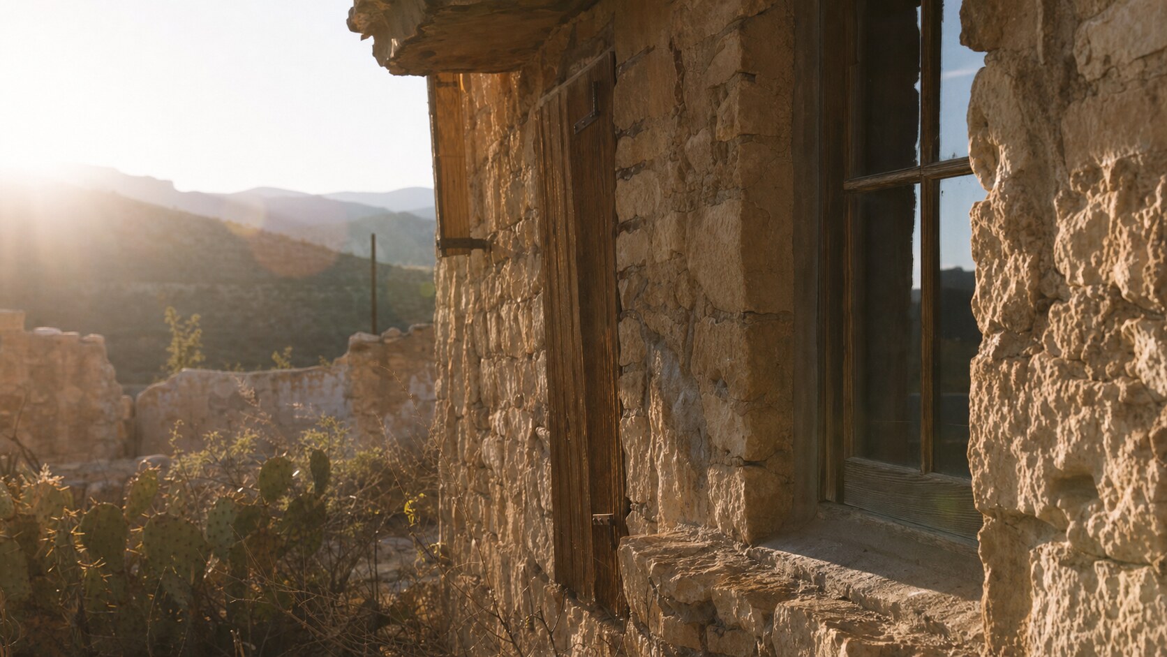 Close-up architectural detail of Terlingua Ghost Town at late afternoon, showing surface texture and material under directional sun