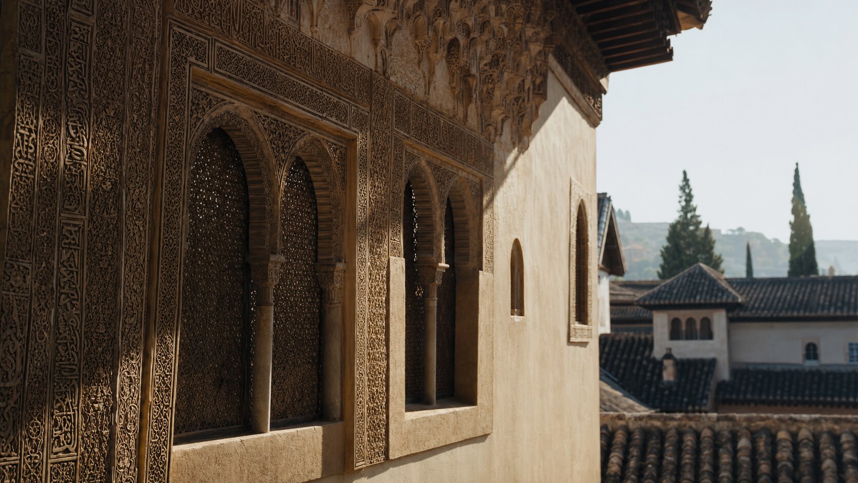 Close-up architectural detail of The Alhambra at late afternoon, showing surface texture and material under directional sun