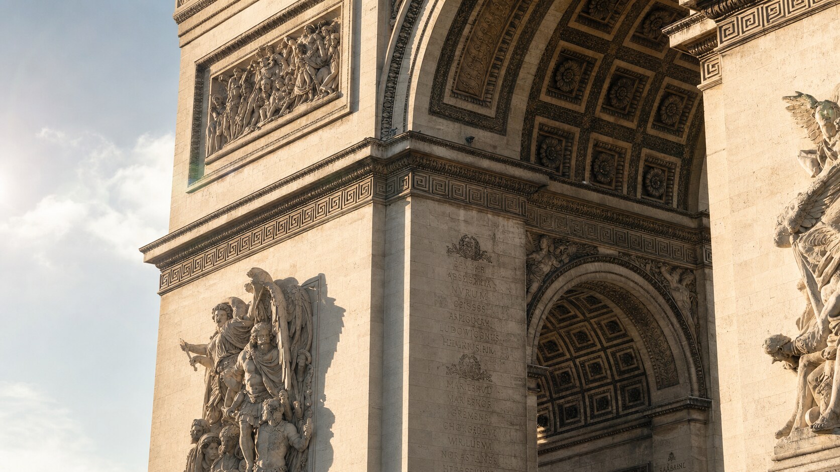 Close-up architectural detail of The Arc De Triomphe at late afternoon, showing surface texture and material under directional sun