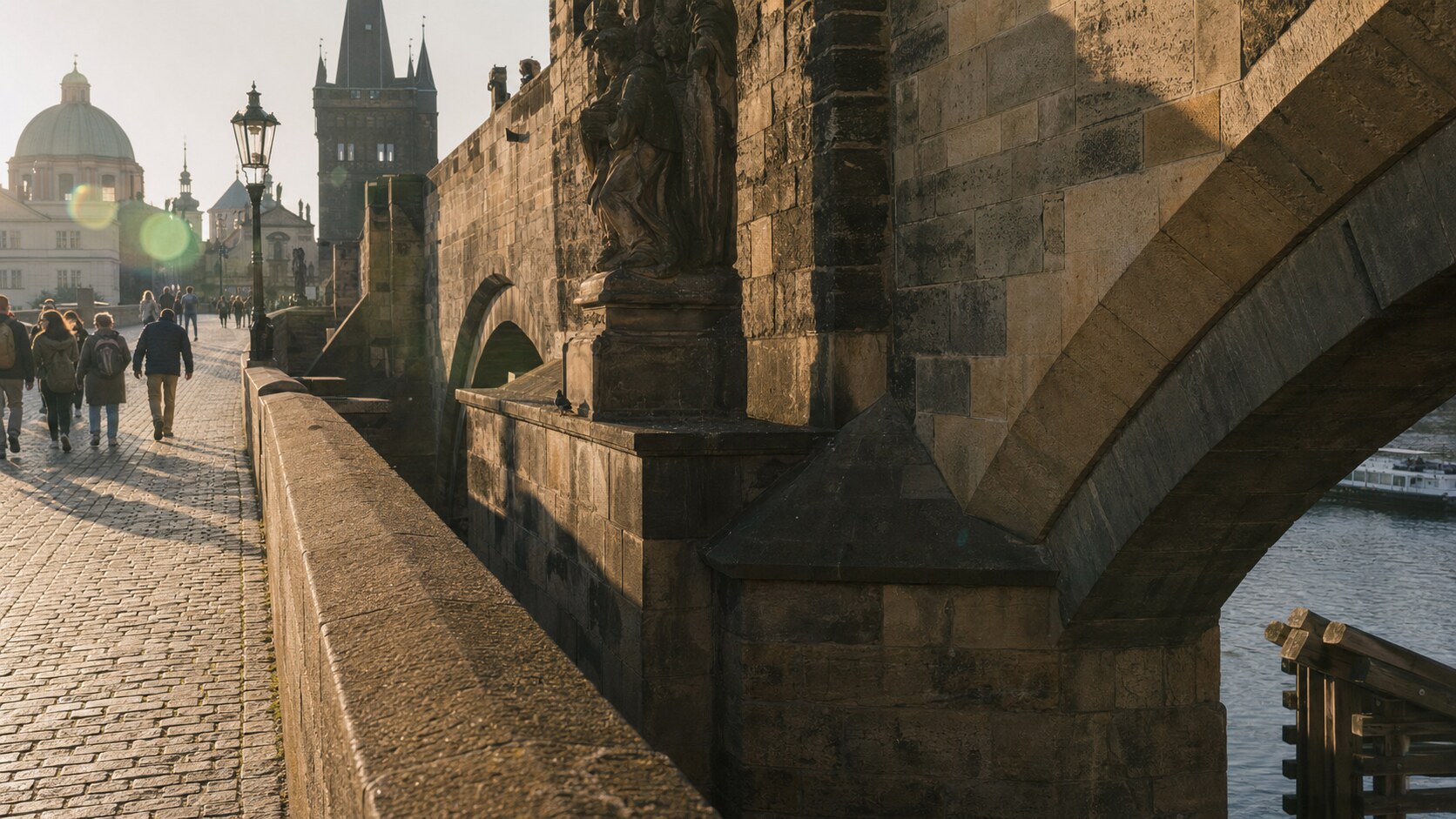 Close-up architectural detail of The Charles Bridge Prague at late afternoon, showing surface texture and material under directional sun