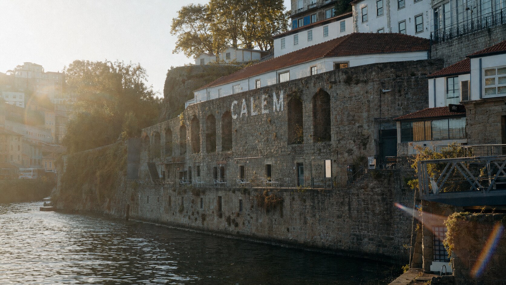 Close-up architectural detail of The Douro River at late afternoon, showing surface texture and material under directional sun